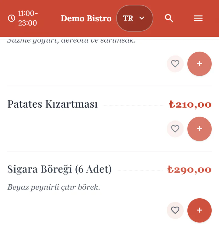 Misafirin telefonunda Demo Bistro menüsü: Patates Kızartması ve Sigara Böreği fiyatlarıyla listeleniyor; her ürünün yanında sepete ekleme düğmesi var.