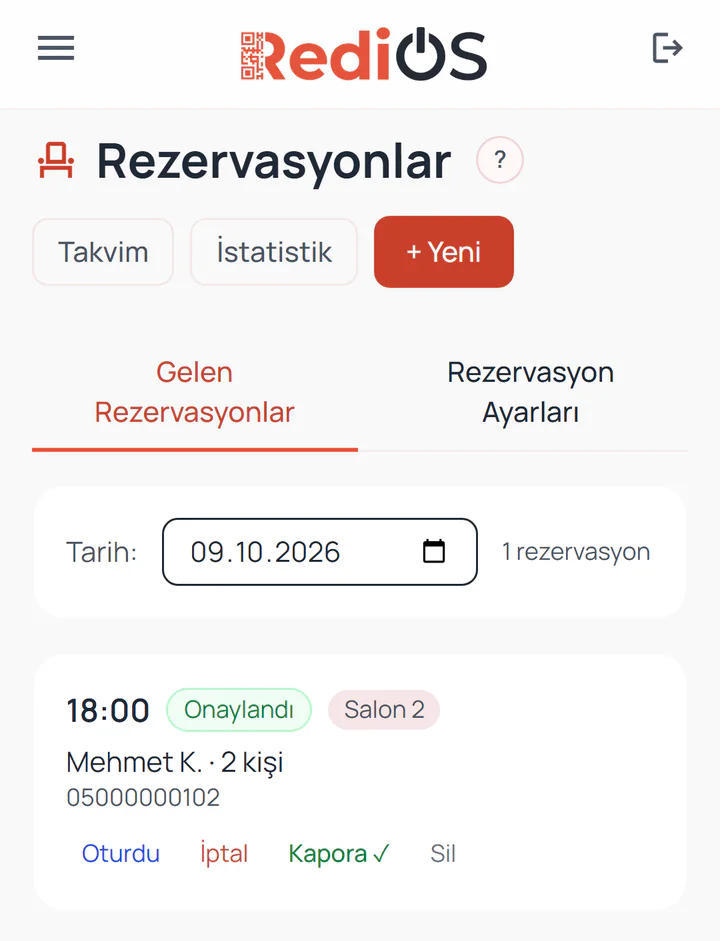 RediOS panelinde Rezervasyonlar ekranı: seçilen günün onaylanmış bir rezervasyonu saati, kişi sayısı ve masasıyla listeleniyor.