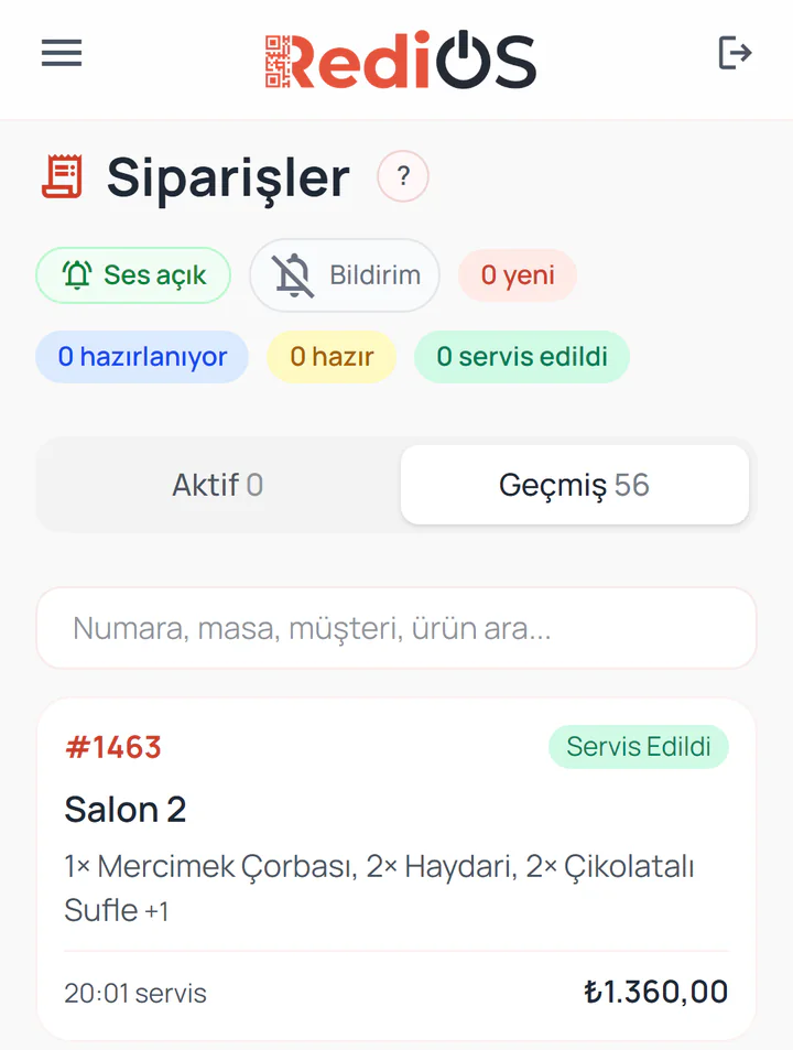 RediOS panelinde Siparişler ekranı: yeni, hazırlanıyor, hazır ve servis edildi sayaçları; altında Salon 2 masasının servis edilmiş siparişi ürünleri ve tutarıyla görünüyor.